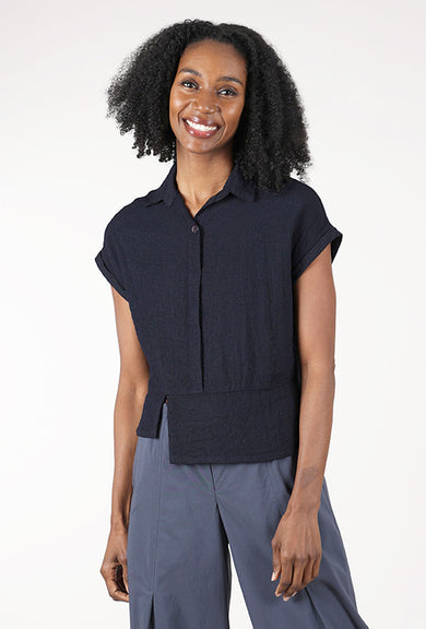 Eleven Stitch Travel Crinkle Half Placket Top, Indigo 