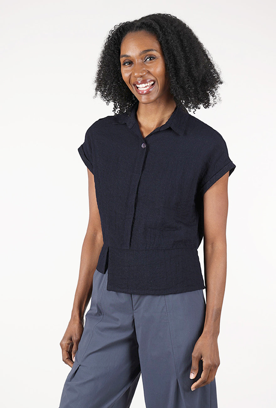 Eleven Stitch Travel Crinkle Half Placket Top, Indigo 