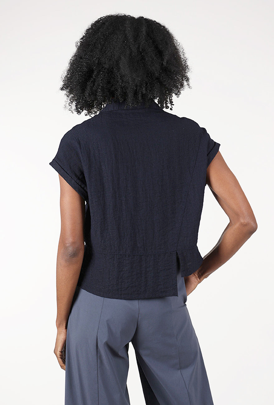 Eleven Stitch Travel Crinkle Half Placket Top, Indigo 