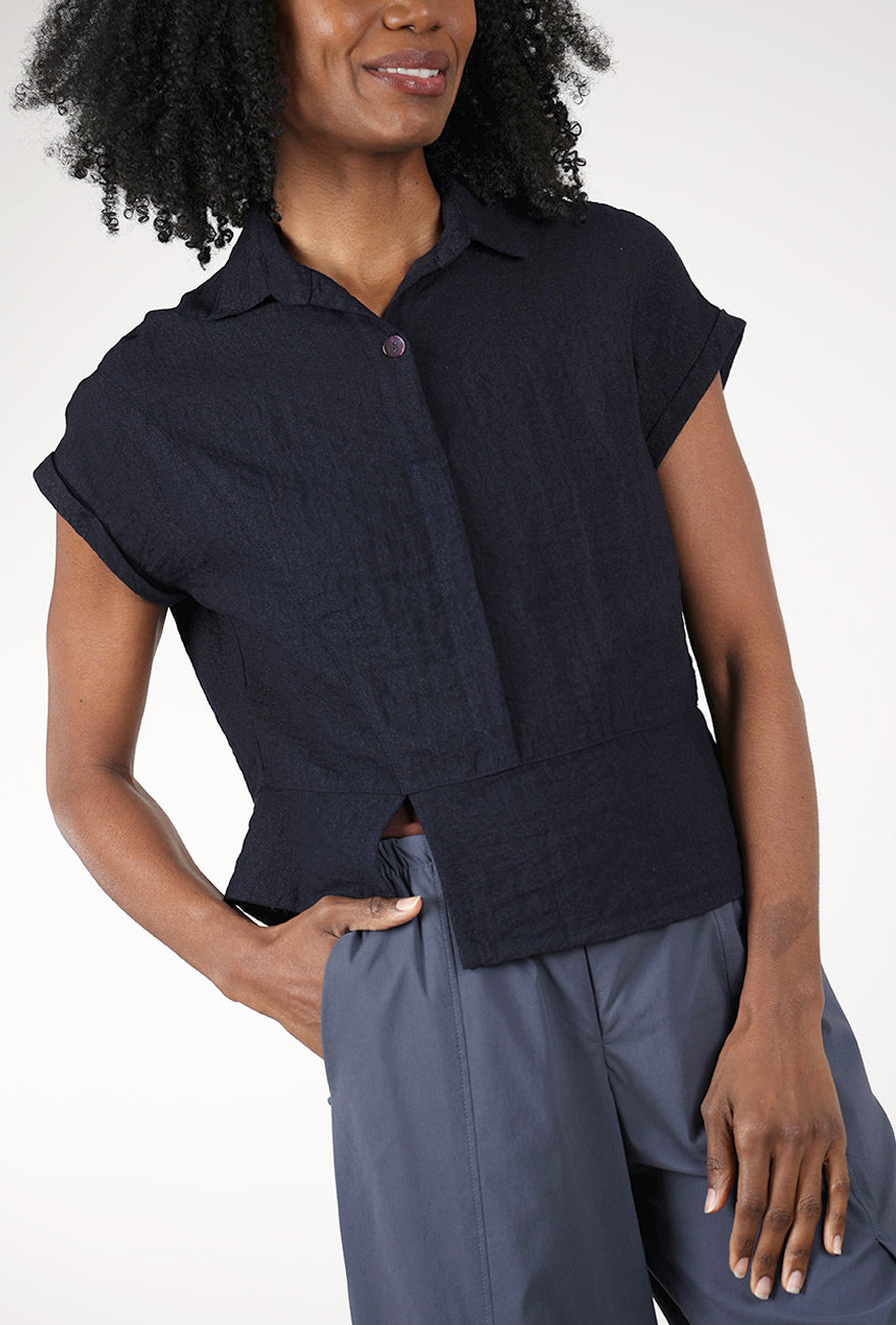 Eleven Stitch Travel Crinkle Half Placket Top, Indigo 
