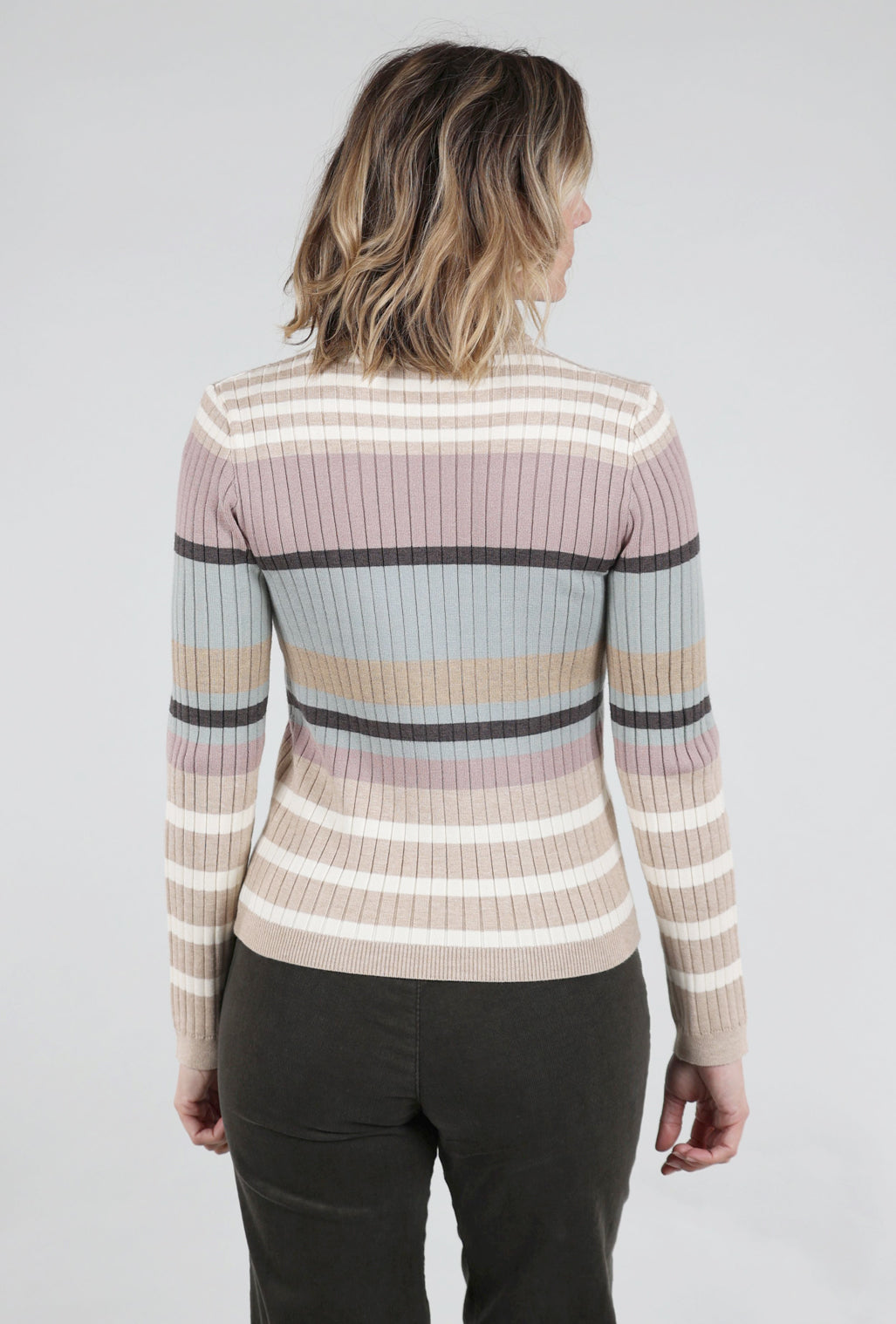 Mystree Colorblock Stripe Pullover, Ivory/Latte 