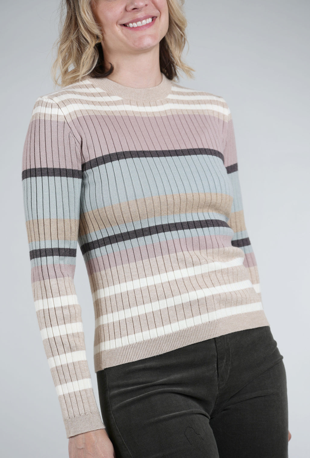 Mystree Colorblock Stripe Pullover, Ivory/Latte 