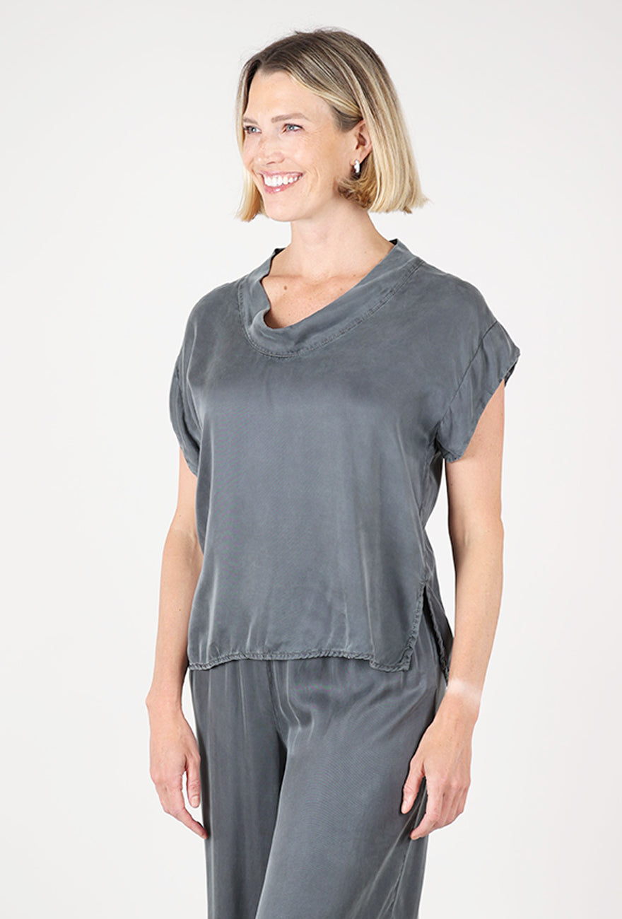 Cut Loose Vintage Satin S/S Cowl Top, Iron 