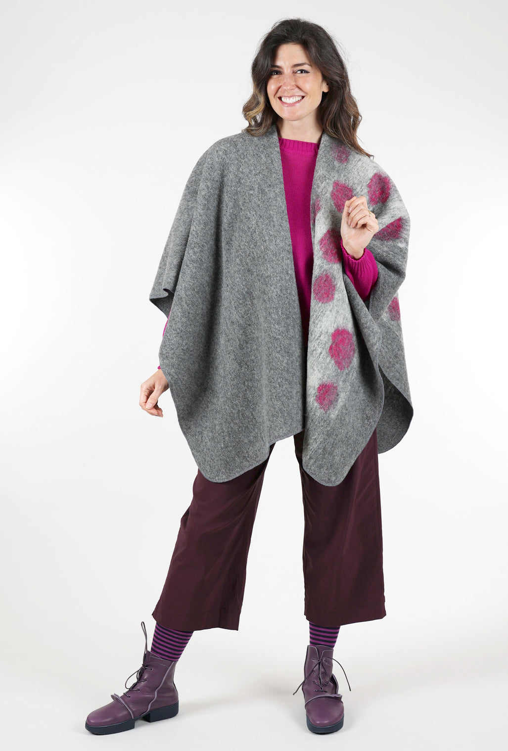 Go Lightly Boiled-Wool Dot Cape, Gray/Pink One Size Gray