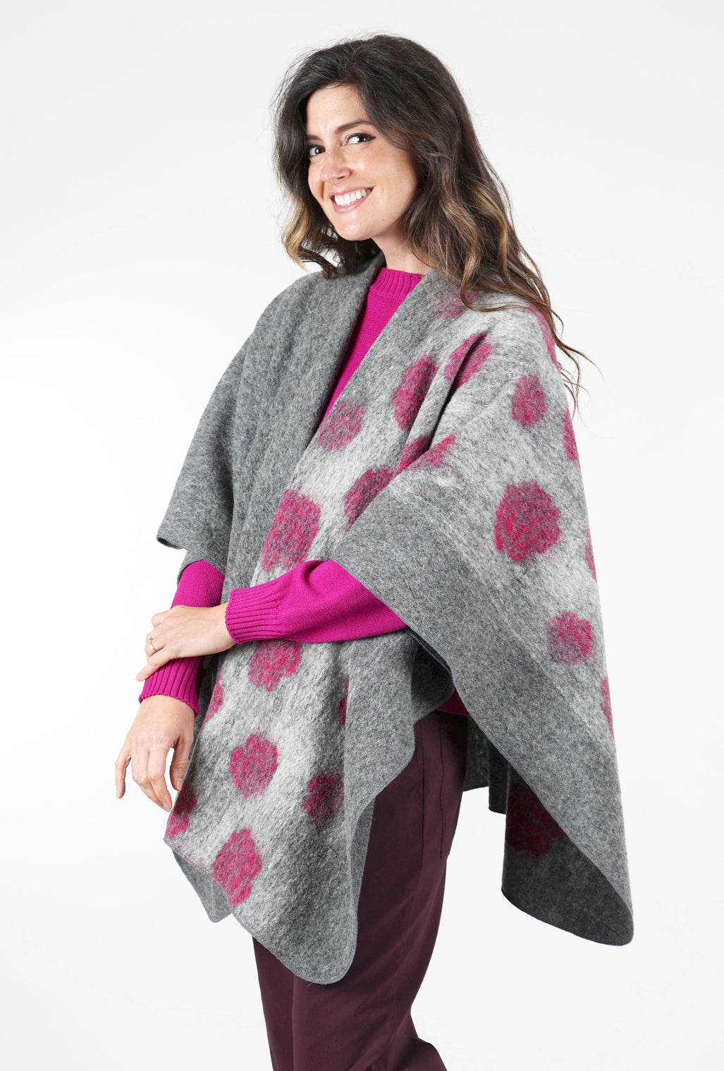 Go Lightly Boiled-Wool Dot Cape, Gray/Pink One Size Gray