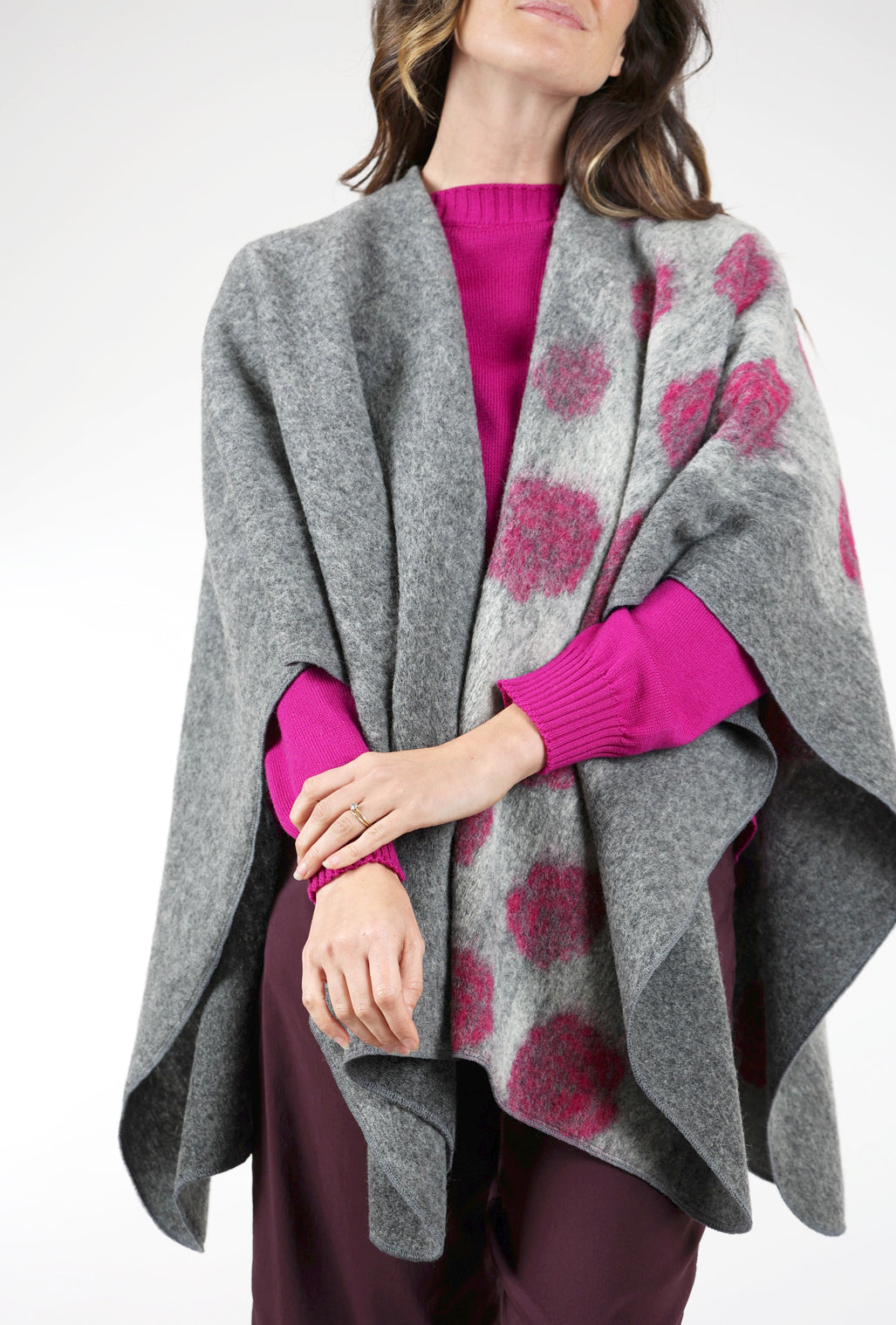 Go Lightly Boiled-Wool Dot Cape, Gray/Pink One Size Gray