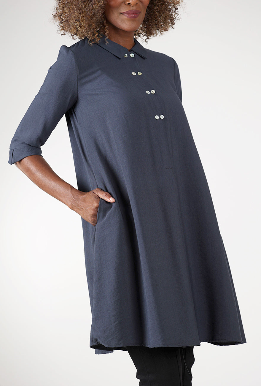L/S Twinbutton Dress, Carbon