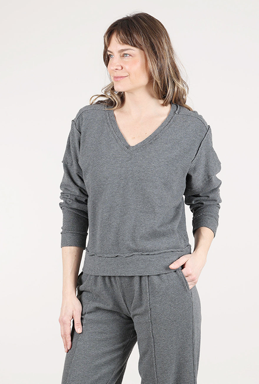 Mododoc L/S Open V-Neck Crop Sweatshirt, Heathered Ebony 