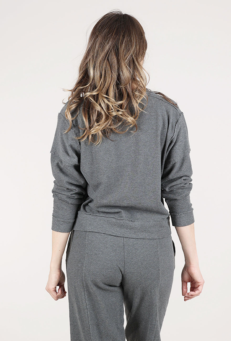 Mododoc L/S Open V-Neck Crop Sweatshirt, Heathered Ebony 