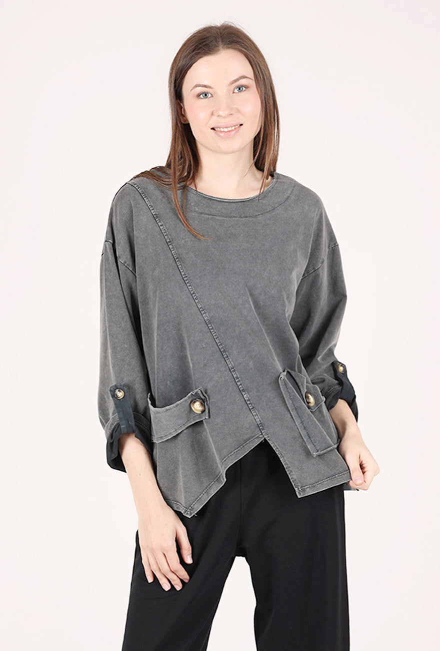 Saga Garment Dye Pocket Top, Charcoal 