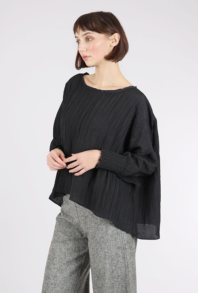 Smocked Cuff Boxy Top, Black