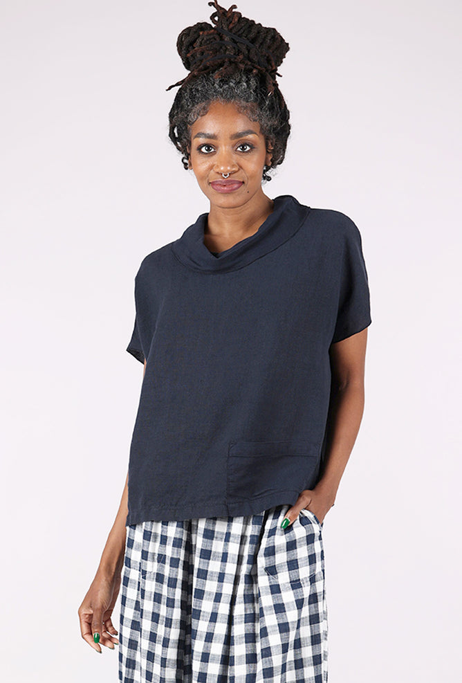 Mesh Collar Linen Top, Ink