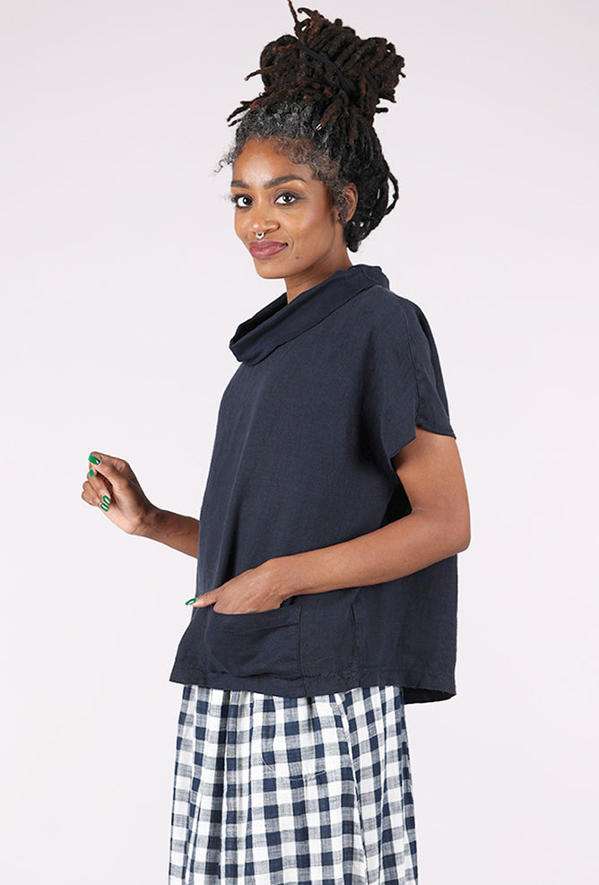 Mesh Collar Linen Top, Ink