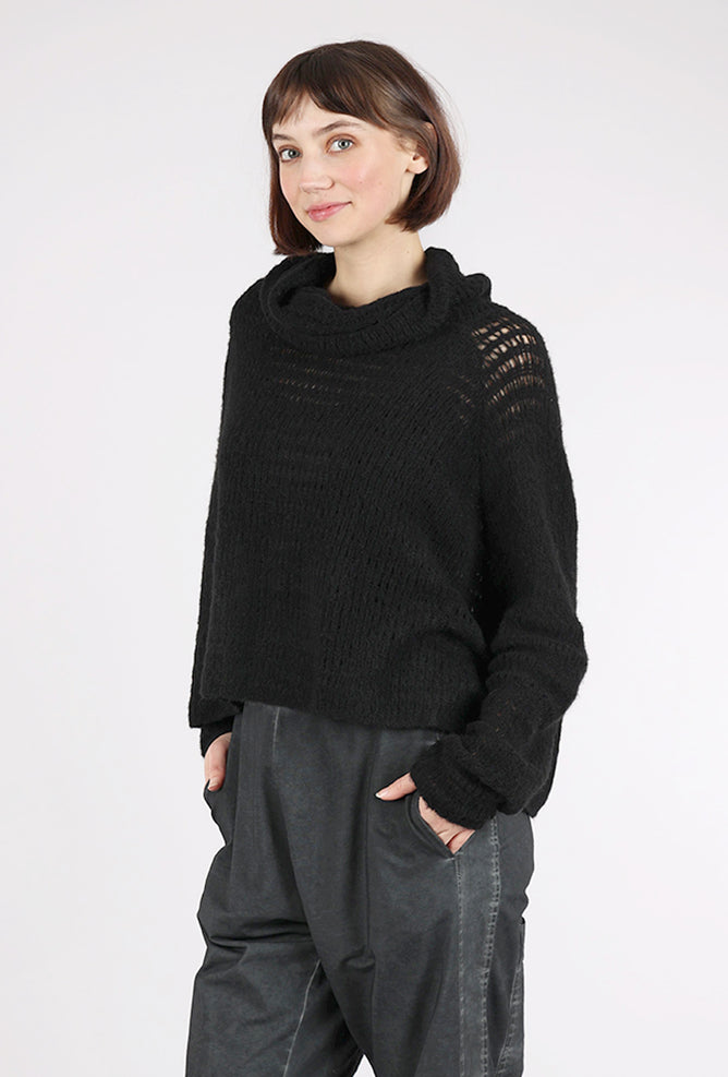 Perforated Woolly Hooded Sweater, Black