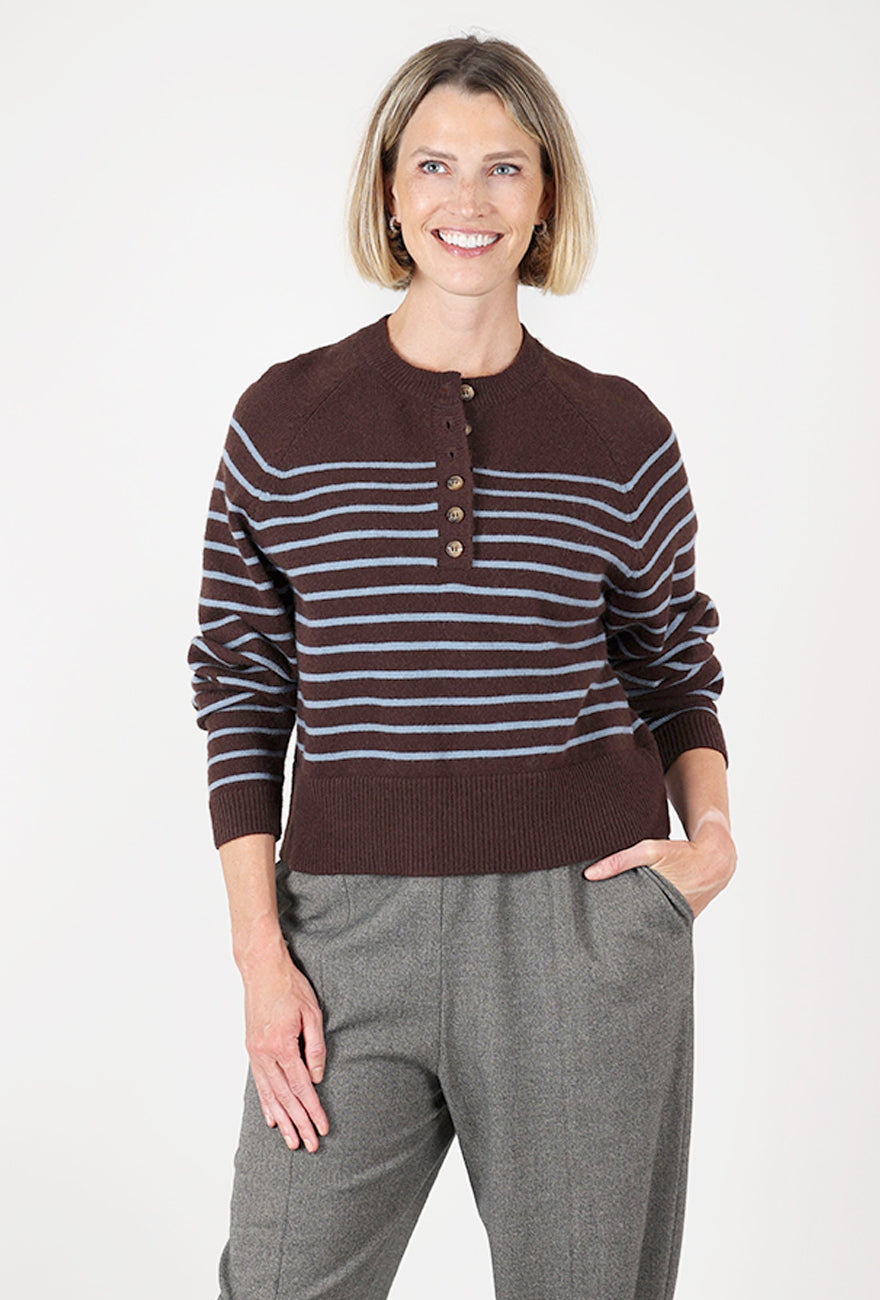 Knit Stripe Henley, Choco Blue