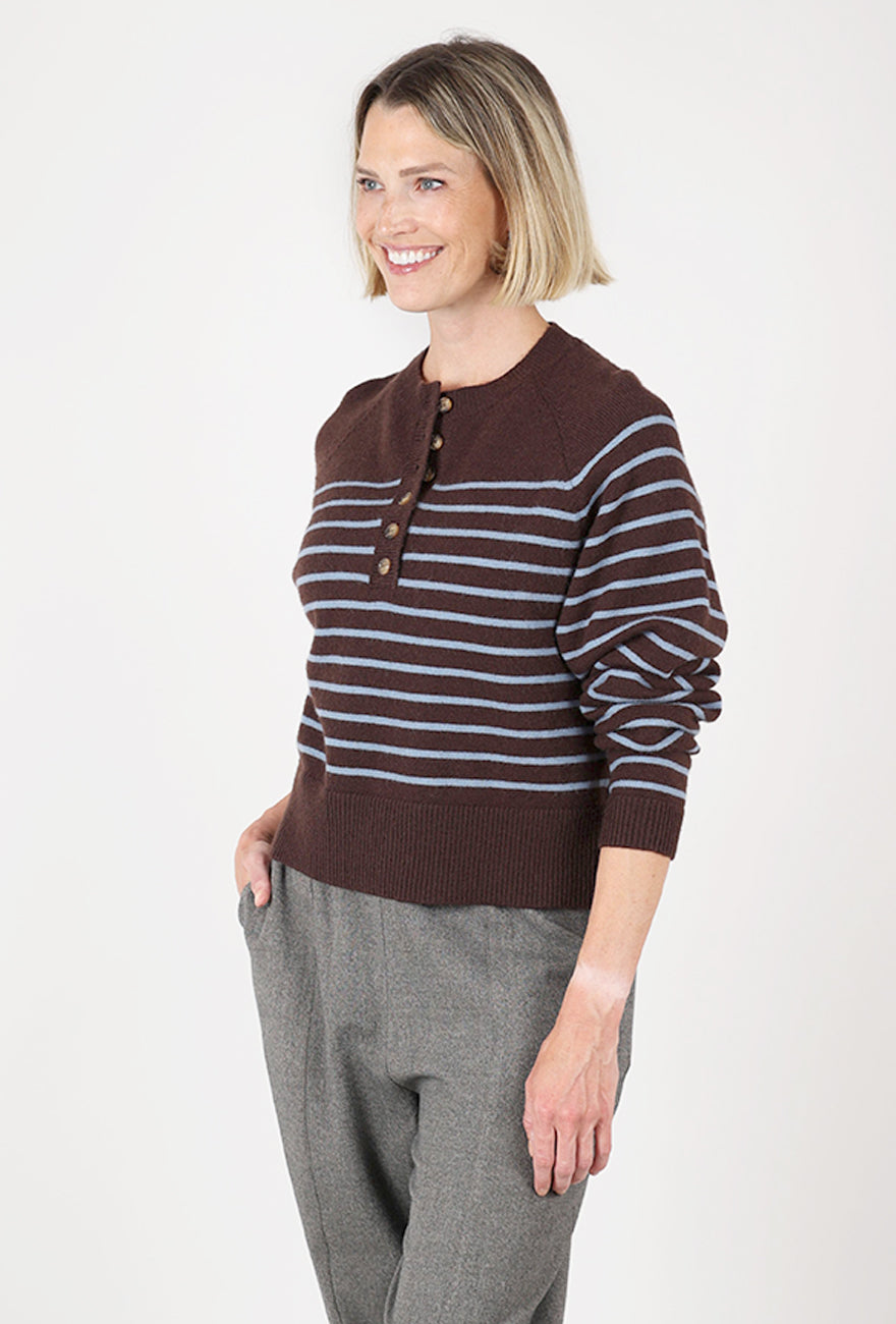 Knit Stripe Henley, Choco Blue
