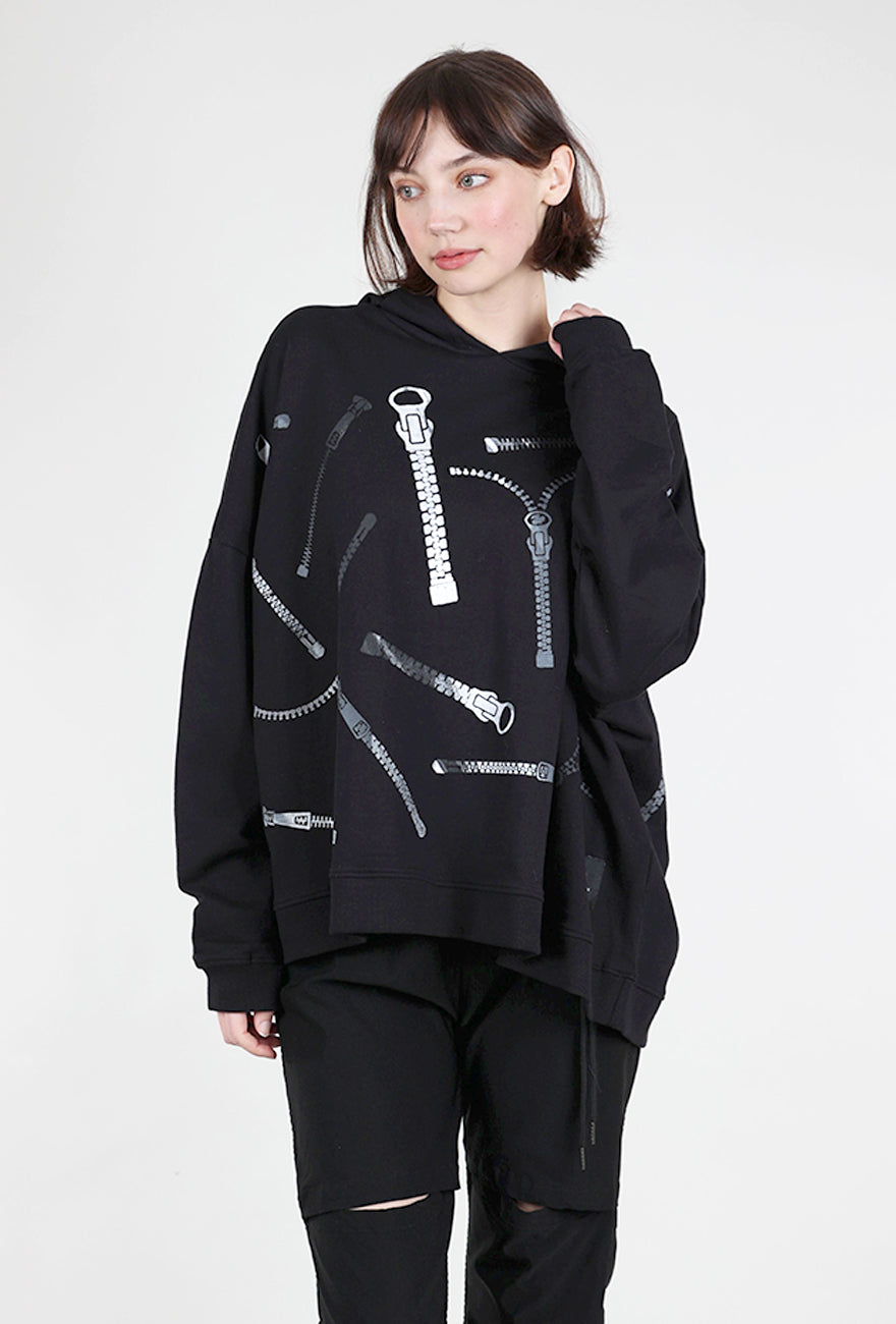 Paper Temples Sweat Zipper Print Hoodie, Black 