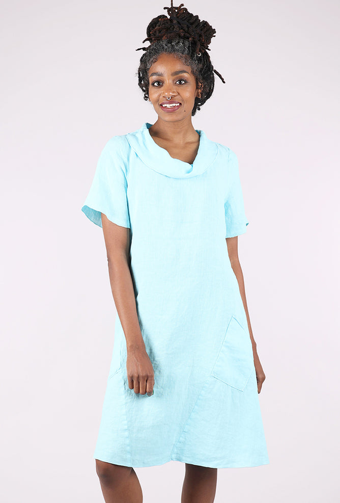 Linen Roll Neck Dress, Celeste