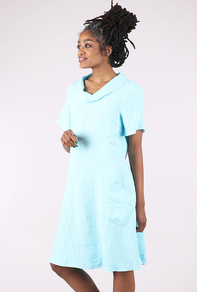 Linen Roll Neck Dress, Celeste