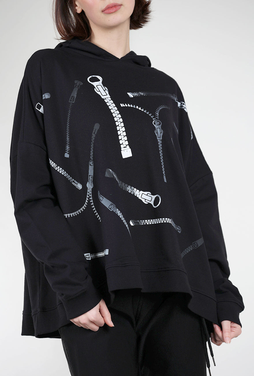 Paper Temples Sweat Zipper Print Hoodie, Black 