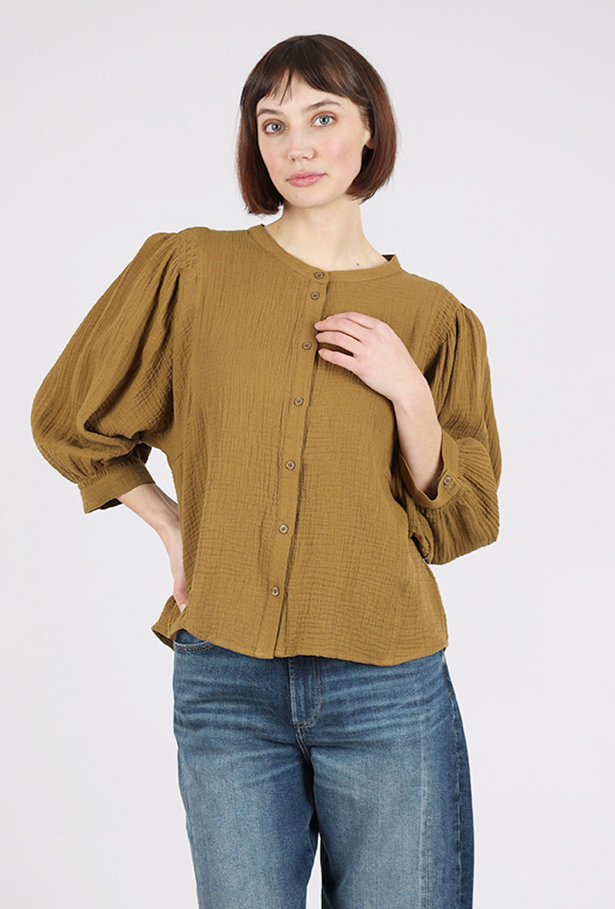 Grade & Gather Smocked Shoulder Gauze Top, Brown Olive 