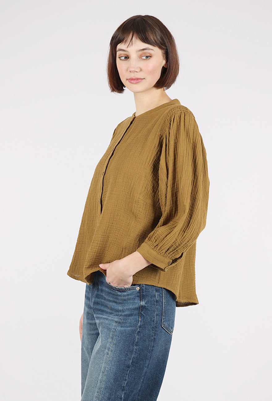 Grade & Gather Smocked Shoulder Gauze Top, Brown Olive 