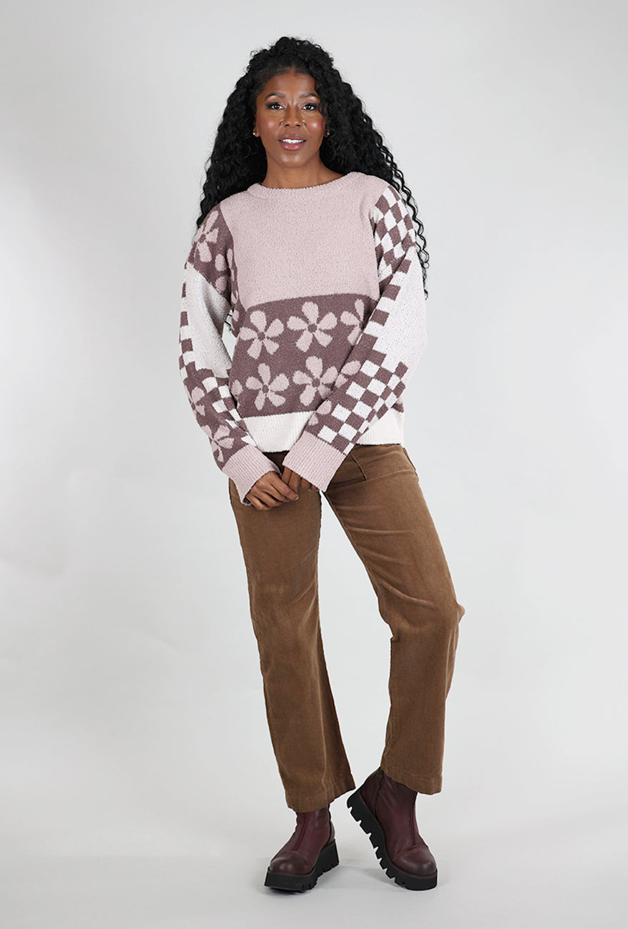 Hem & Thread Colorblock Bloom Sweater, Pink/Brown 