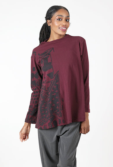 Moyuru Pebbled Cotton Graphic Top, Plum 