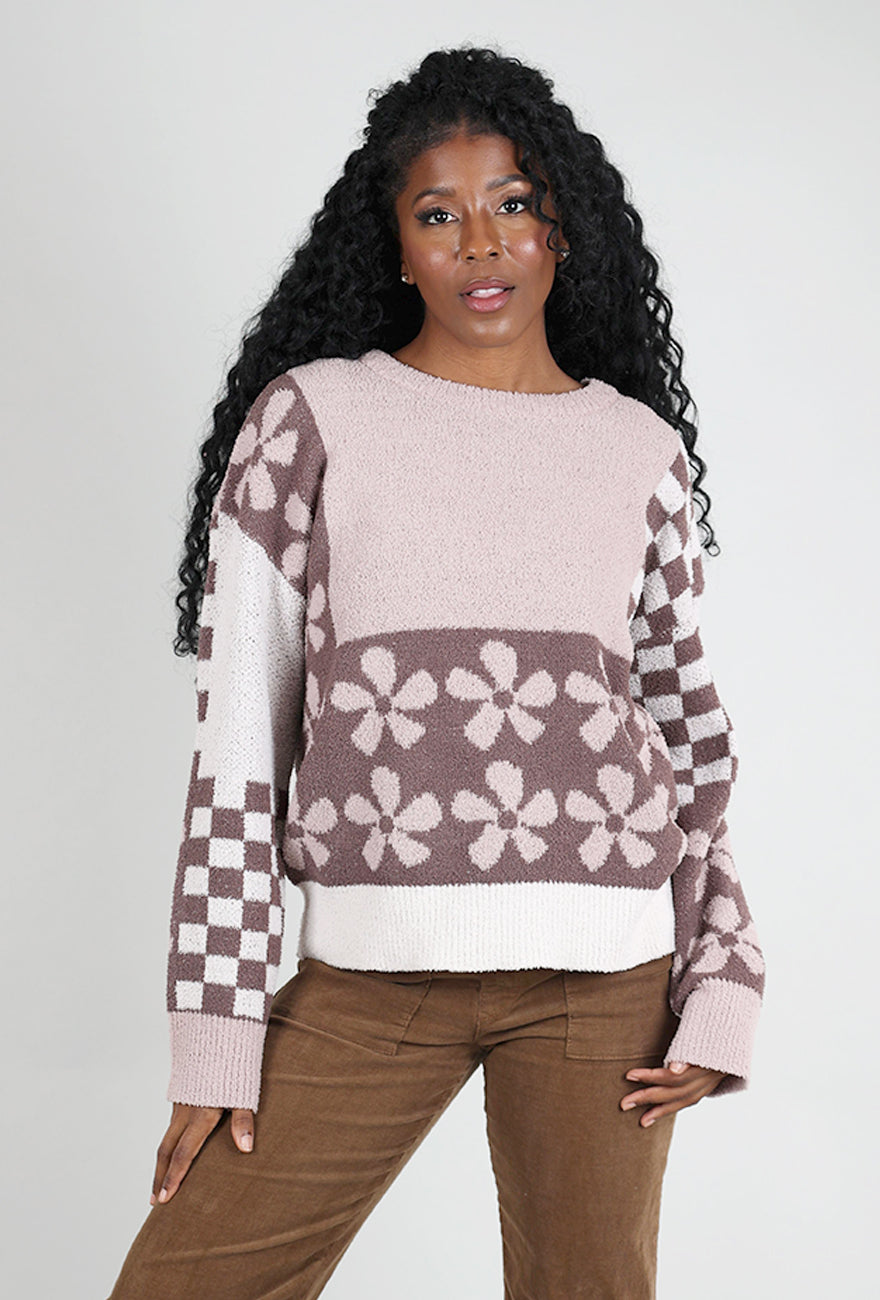 Hem & Thread Colorblock Bloom Sweater, Pink/Brown 