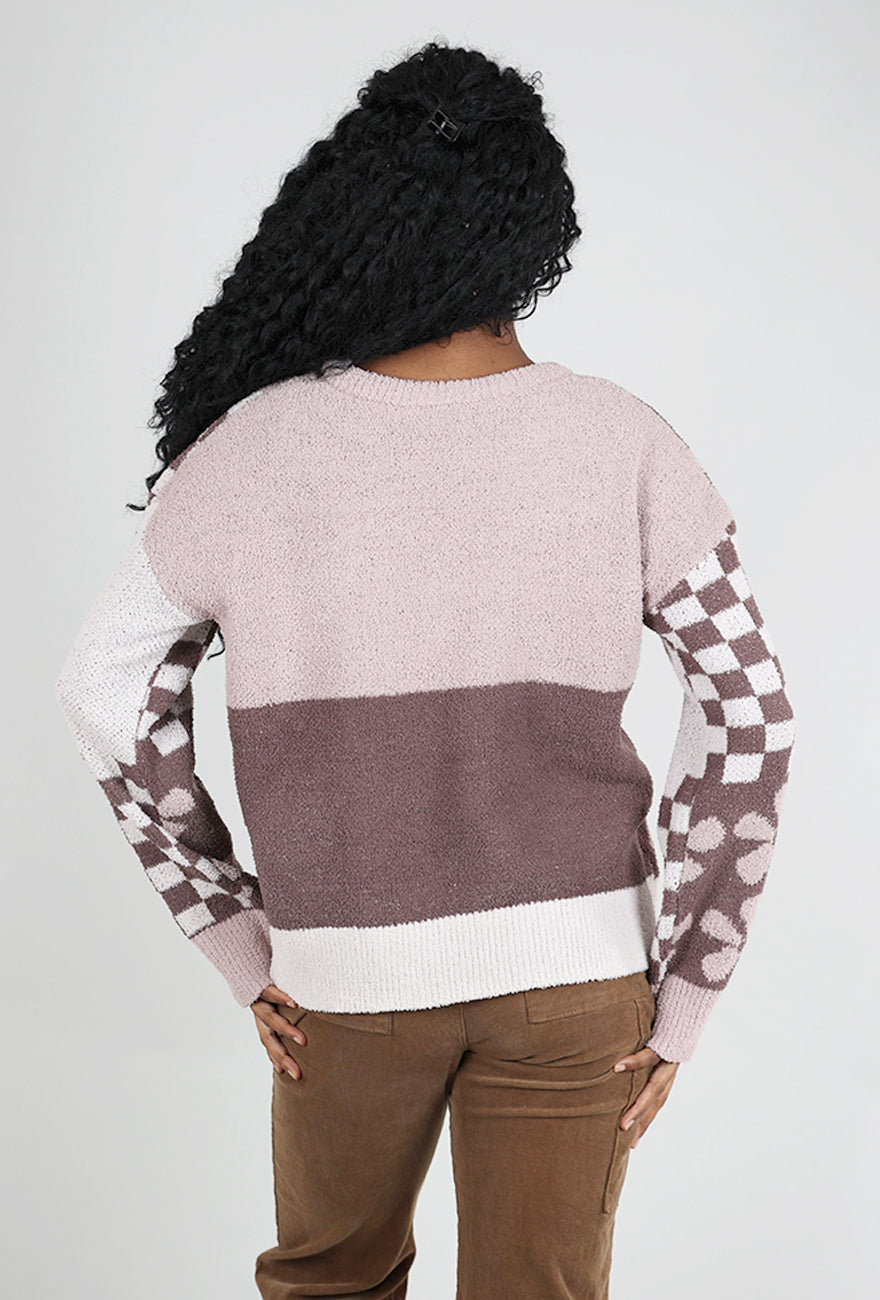 Hem & Thread Colorblock Bloom Sweater, Pink/Brown 