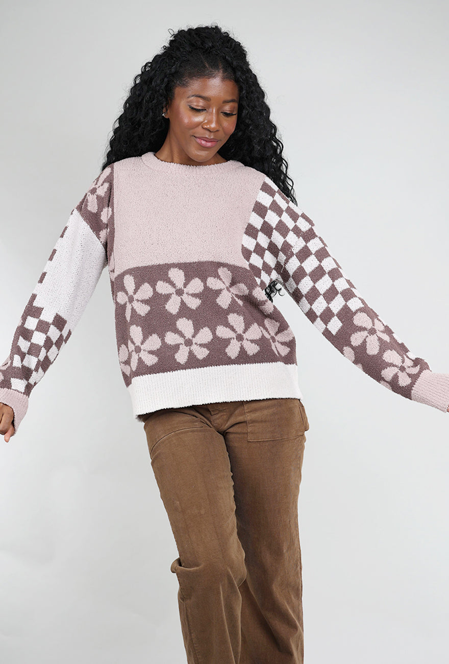 Hem & Thread Colorblock Bloom Sweater, Pink/Brown 