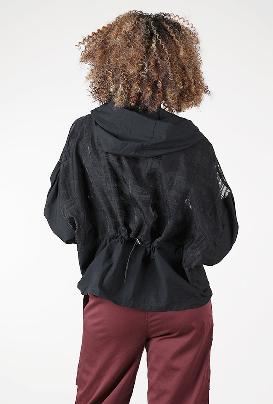 Sheer Contrast Hooded Jacket, Black