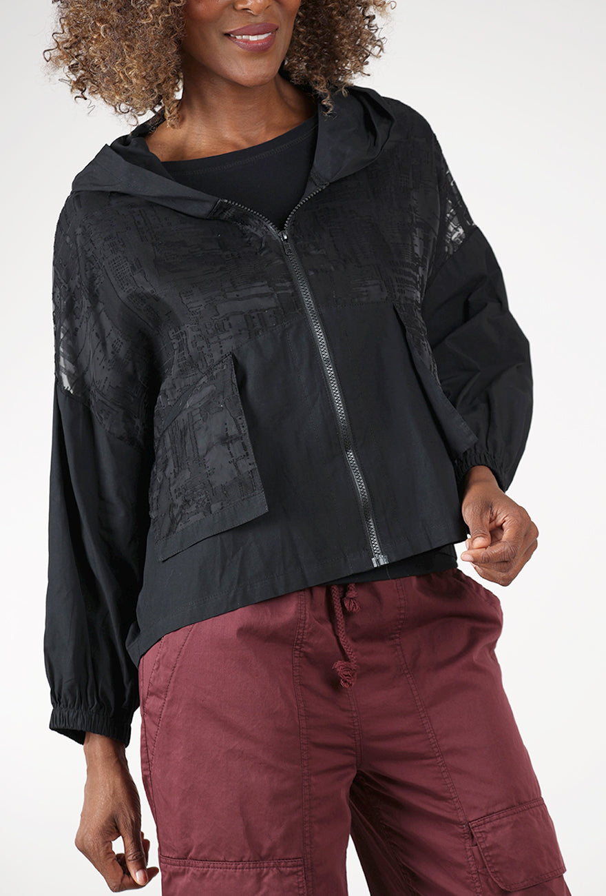 Sheer Contrast Hooded Jacket, Black Angle 4