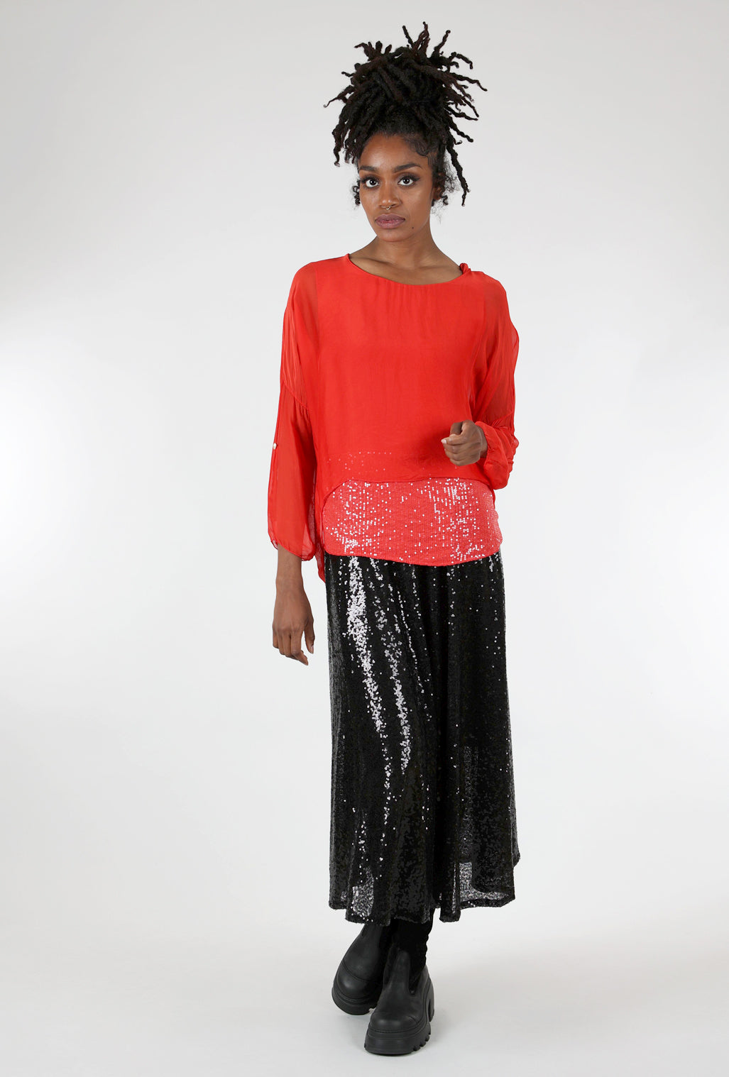 M Made in Italy Sheer Overlay Sequin Top, Red 