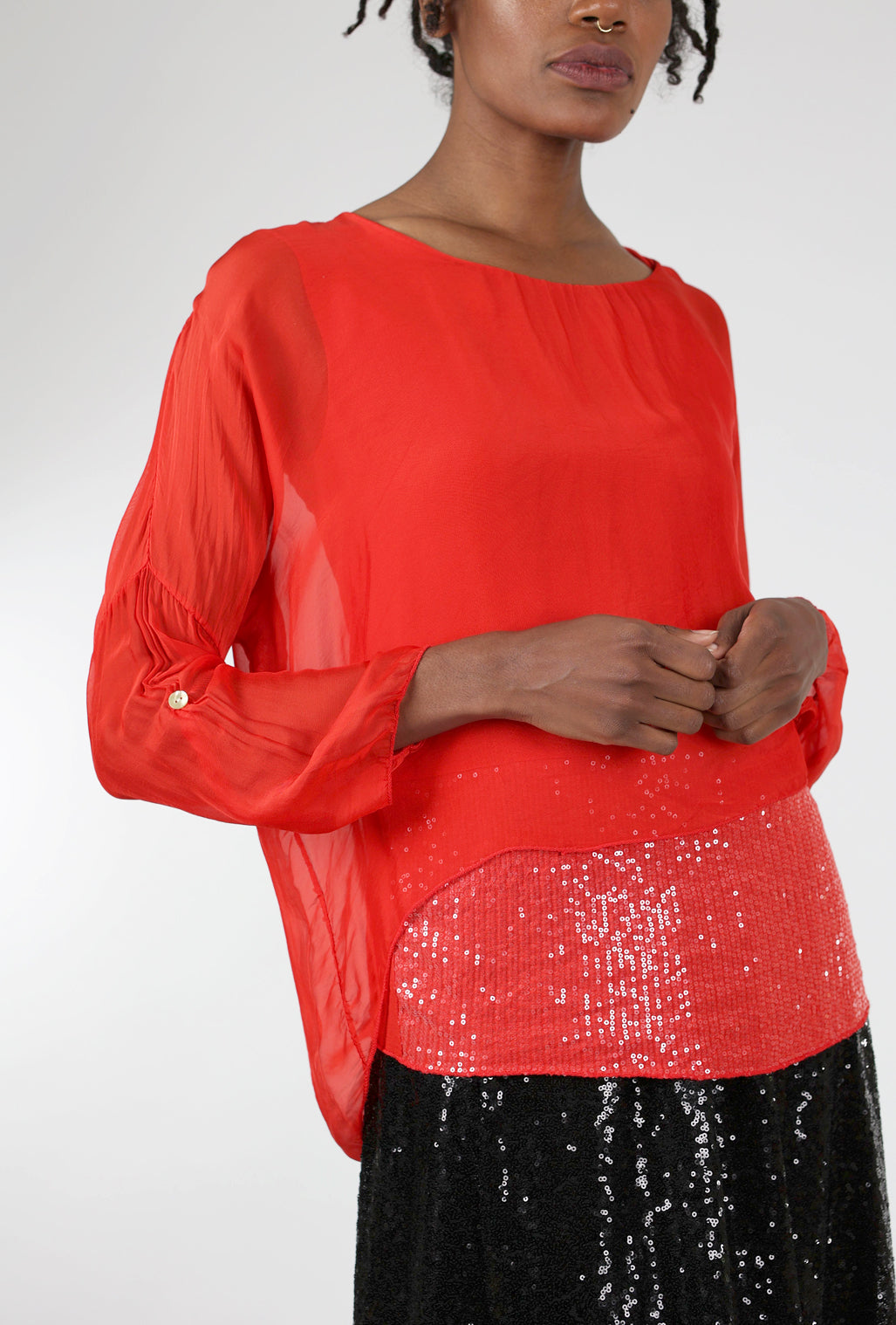 M Made in Italy Sheer Overlay Sequin Top, Red 