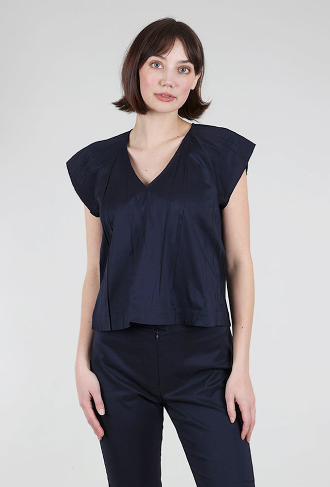 Cotelac Micropleat Shoulder V-Neck Blouse, Indigo 