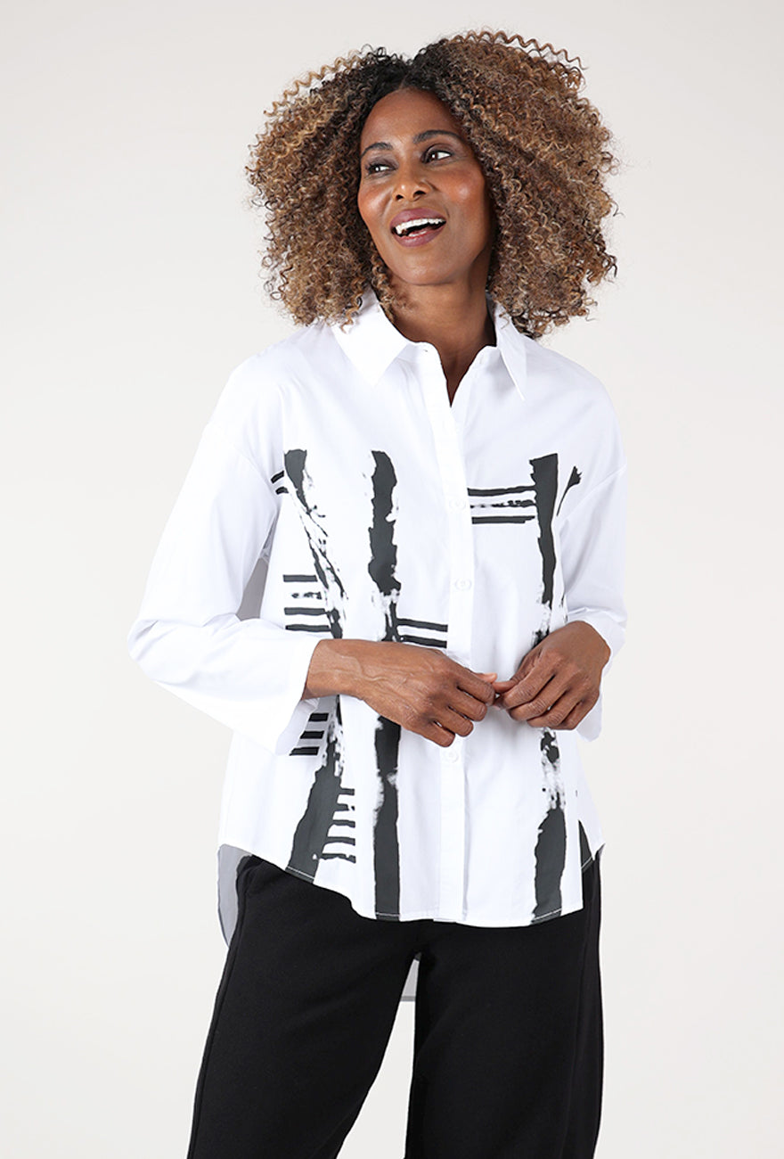 Abstract Print Button Up, White/Black