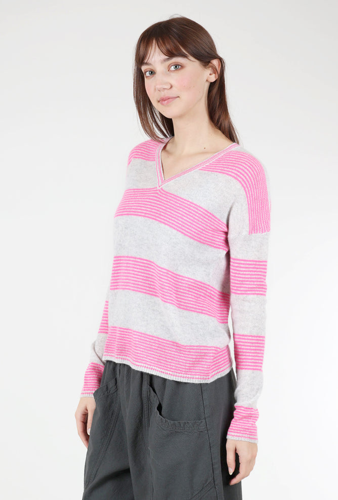 Pure Amici Neon Stripe Cashmere V-Neck, Neon Pink/Gray 