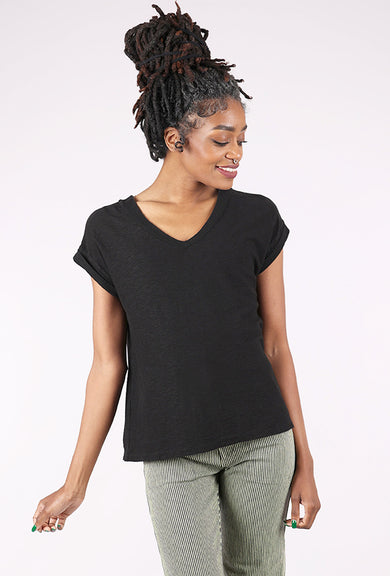 Cut Loose Mesh Trim V-Neck Tee, Black 