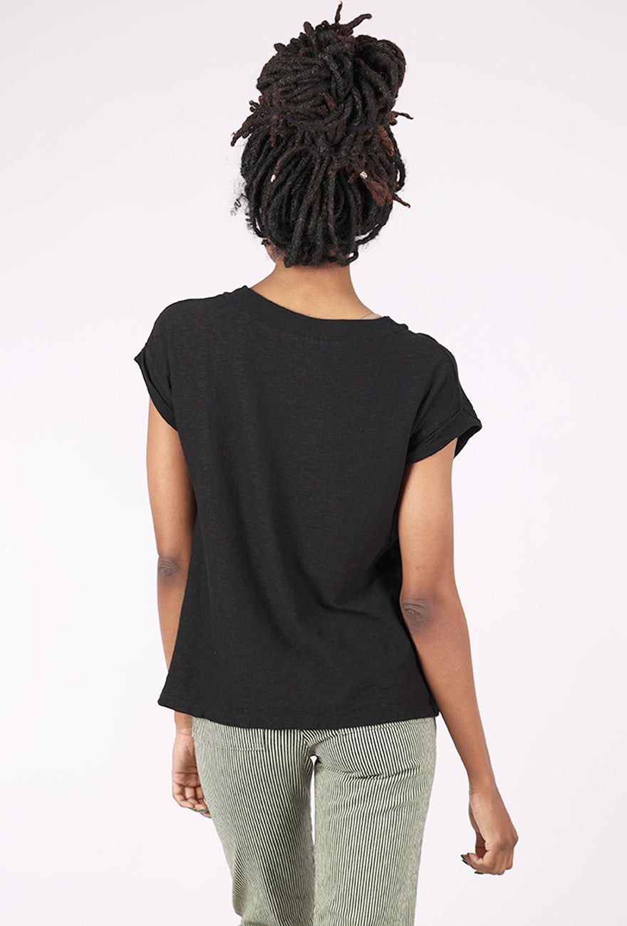 Cut Loose Mesh Trim V-Neck Tee, Black 