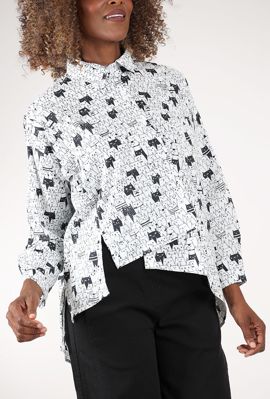 Kitty Cat Button Up, White/Black