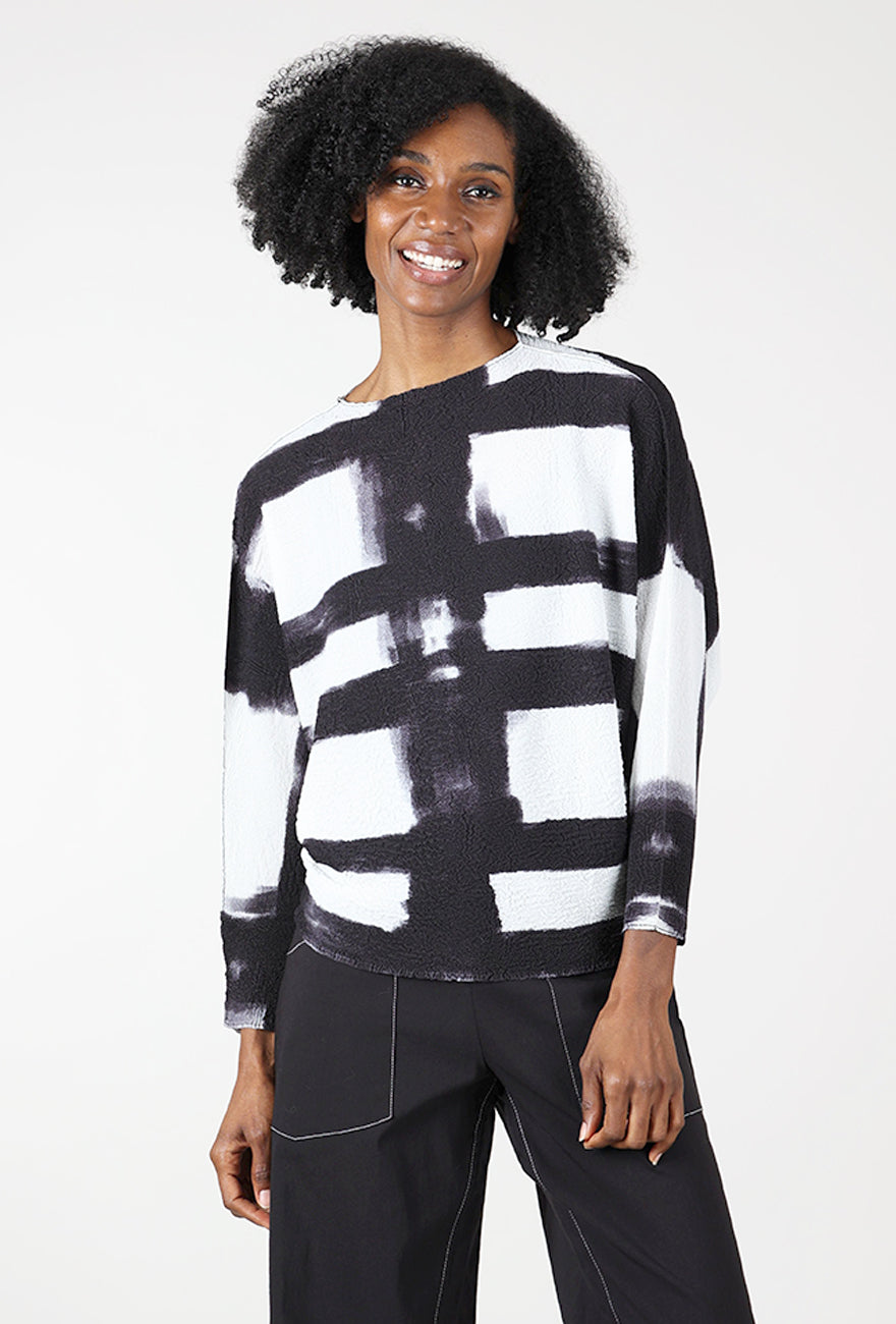 Abstract Plaid Crepe Top, Black/White