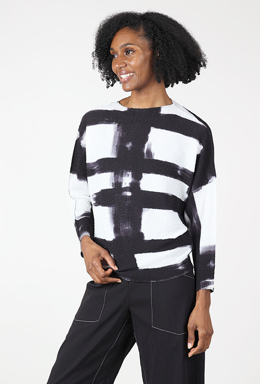 Abstract Plaid Crepe Top, Black/White Angle 2