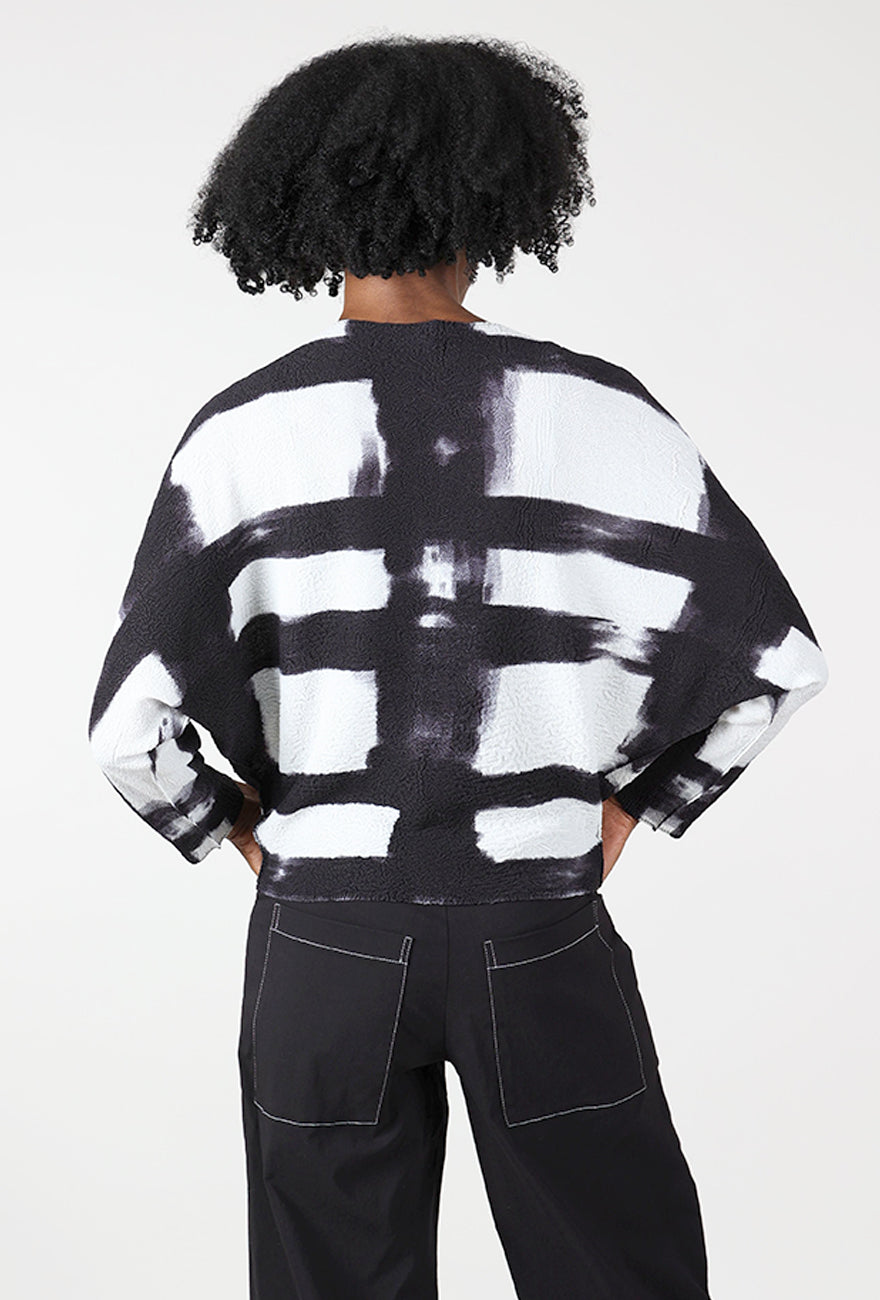 Abstract Plaid Crepe Top, Black/White