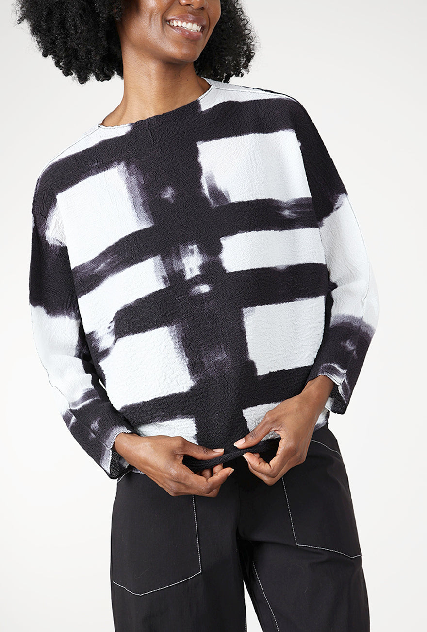 Abstract Plaid Crepe Top, Black/White