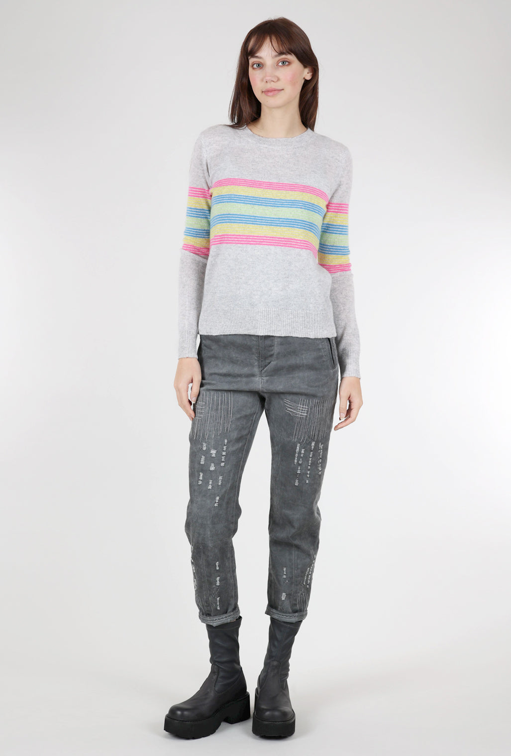 Pure Amici Rainbow Stripe Cashmere Sweater, Tin/Multi 