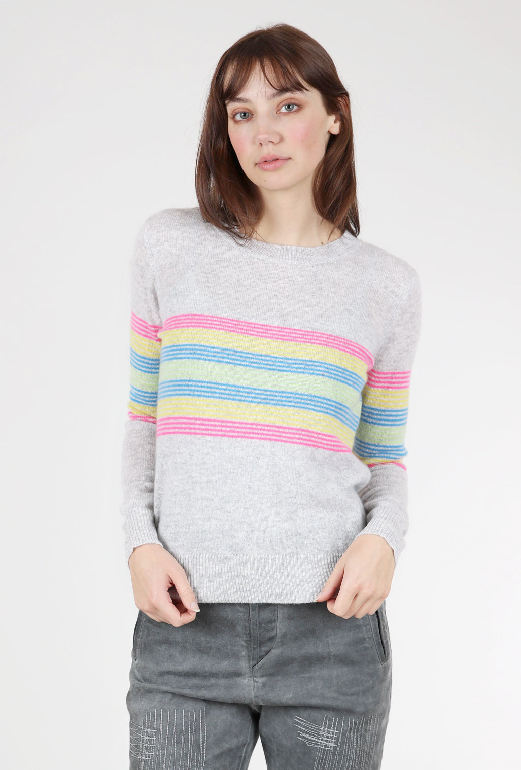 Pure Amici Rainbow Stripe Cashmere Sweater, Tin/Multi 