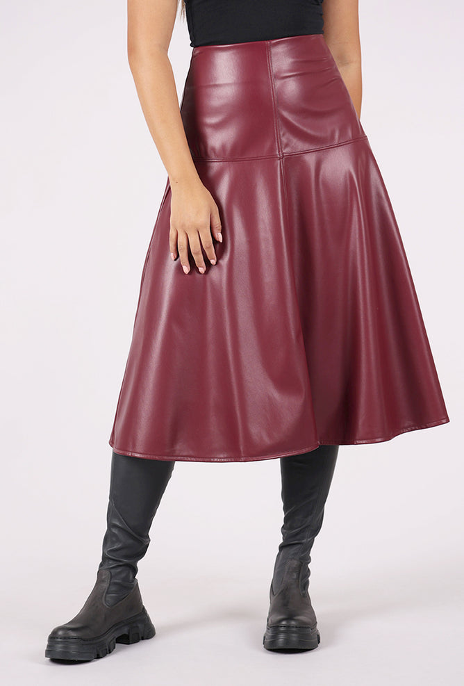 Isle by Melis Kozan Vegan Leather Godet Skirt, Cherry 