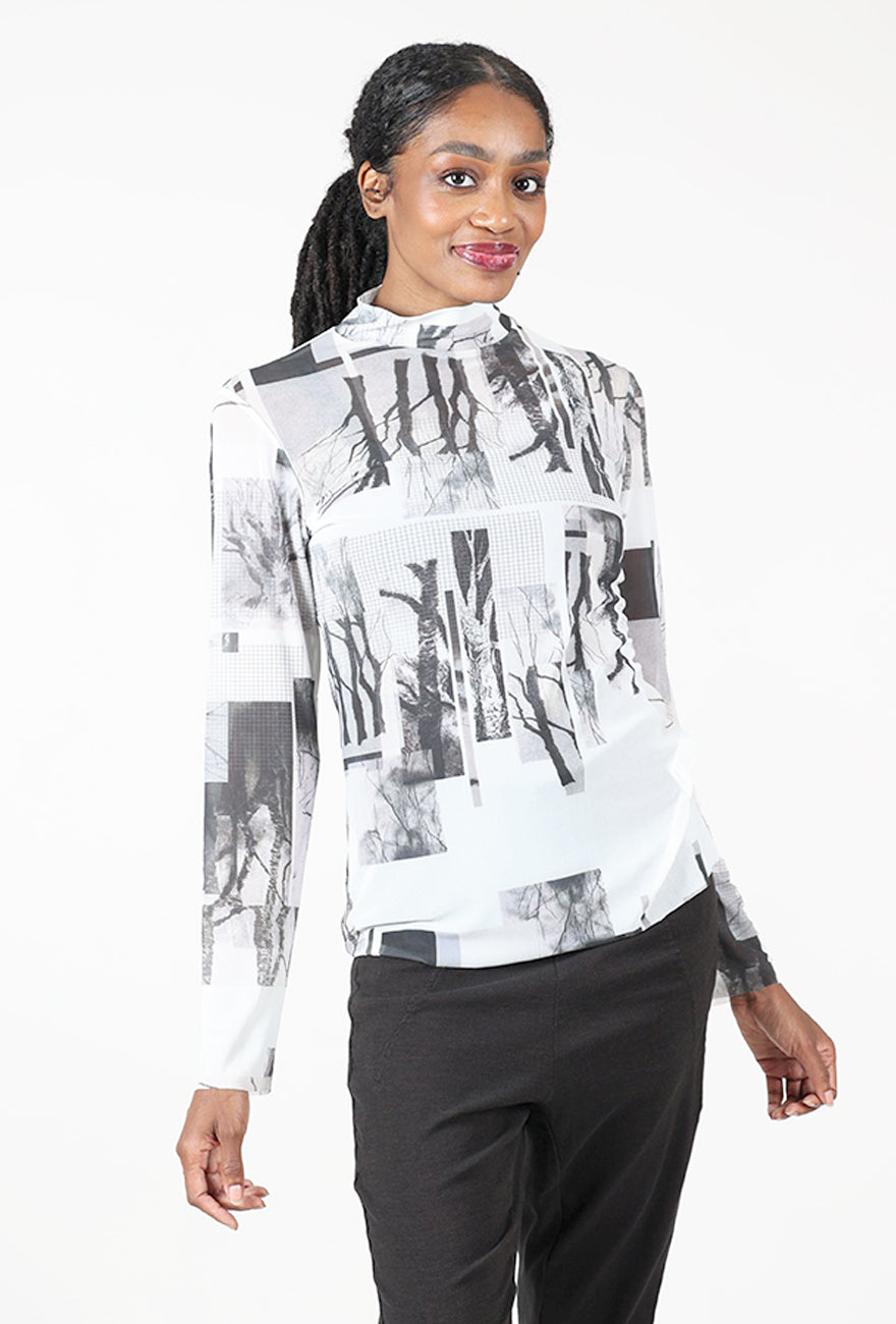 Abstract Print Mesh Tneck, White/Gray