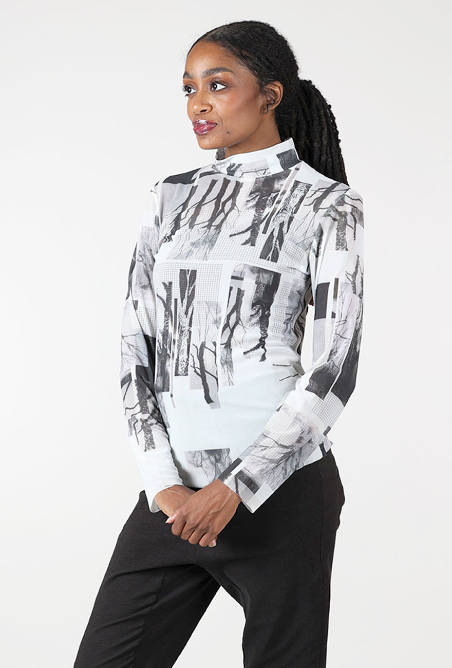 Abstract Print Mesh Tneck, White/Gray